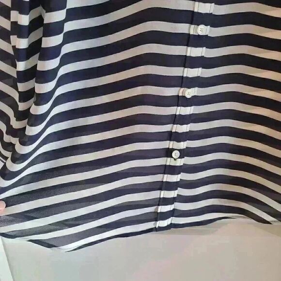 Banana Republic Women’s Navy/Cream Striped Poly Button Down Long Sleeve Shirt - Picture 7 of 11